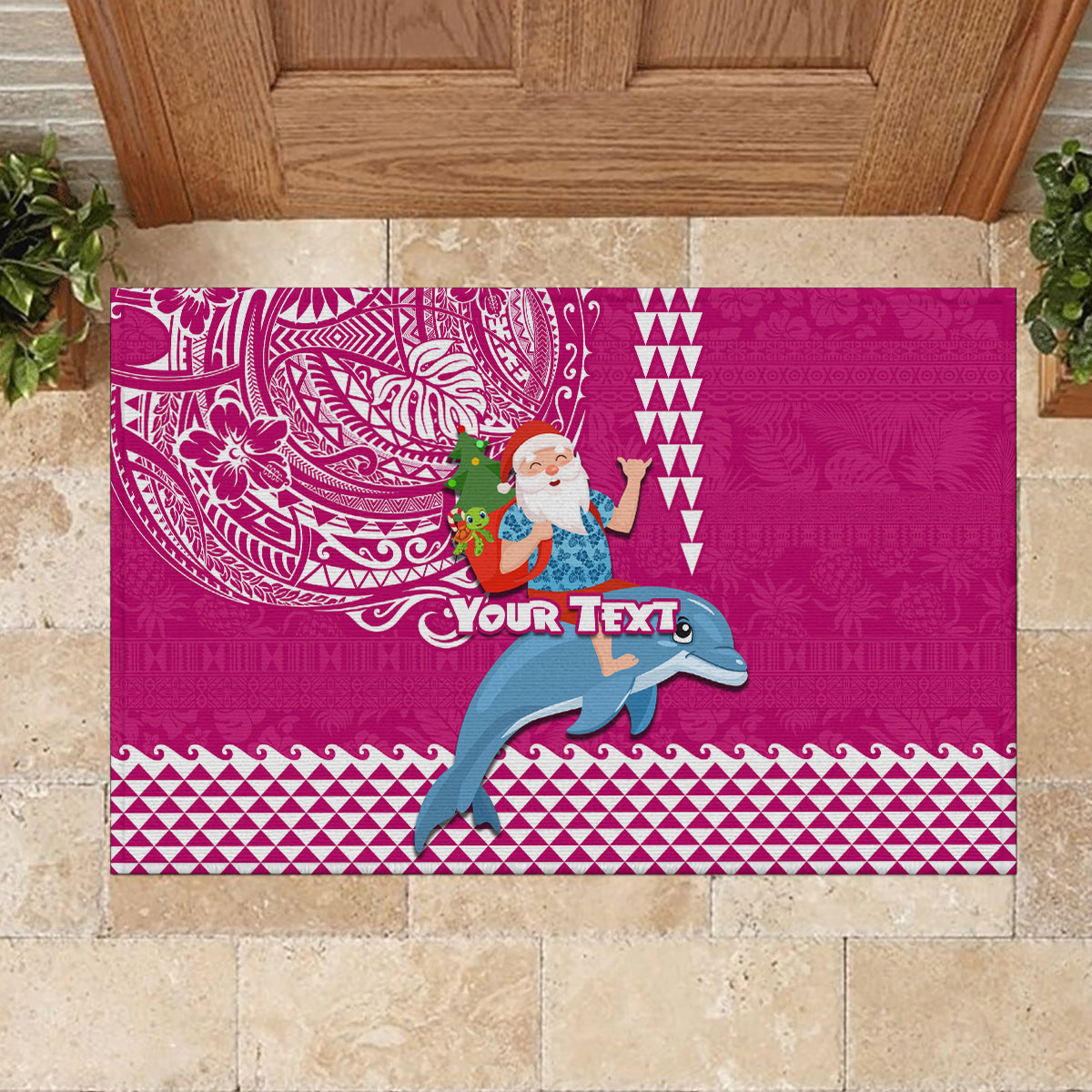 Custom Hawaii Mele Kalikimaka Rubber Doormat Santa Riding The DolPhin Mix Kakau Pattern Pink Style LT03 - Polynesian Pride