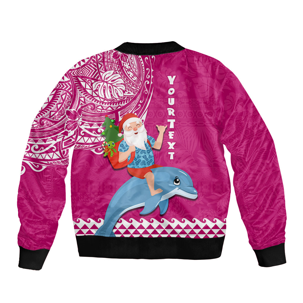 Custom Hawaii Mele Kalikimaka Sleeve Zip Bomber Jacket Santa Riding The DolPhin Mix Kakau Pattern Pink Style LT03 - Polynesian Pride