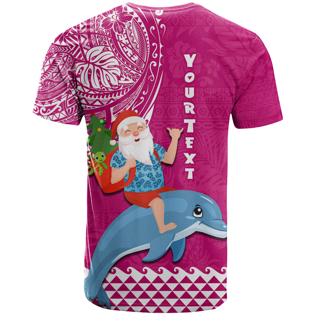 Custom Hawaii Mele Kalikimaka T Shirt Santa Riding The DolPhin Mix Kakau Pattern Pink Style LT03 - Polynesian Pride