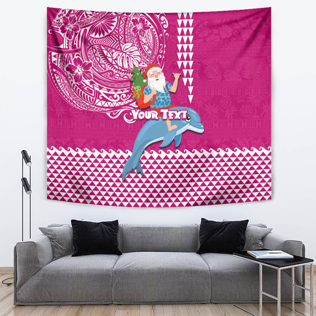 Custom Hawaii Mele Kalikimaka Tapestry Santa Riding The DolPhin Mix Kakau Pattern Pink Style LT03 - Polynesian Pride