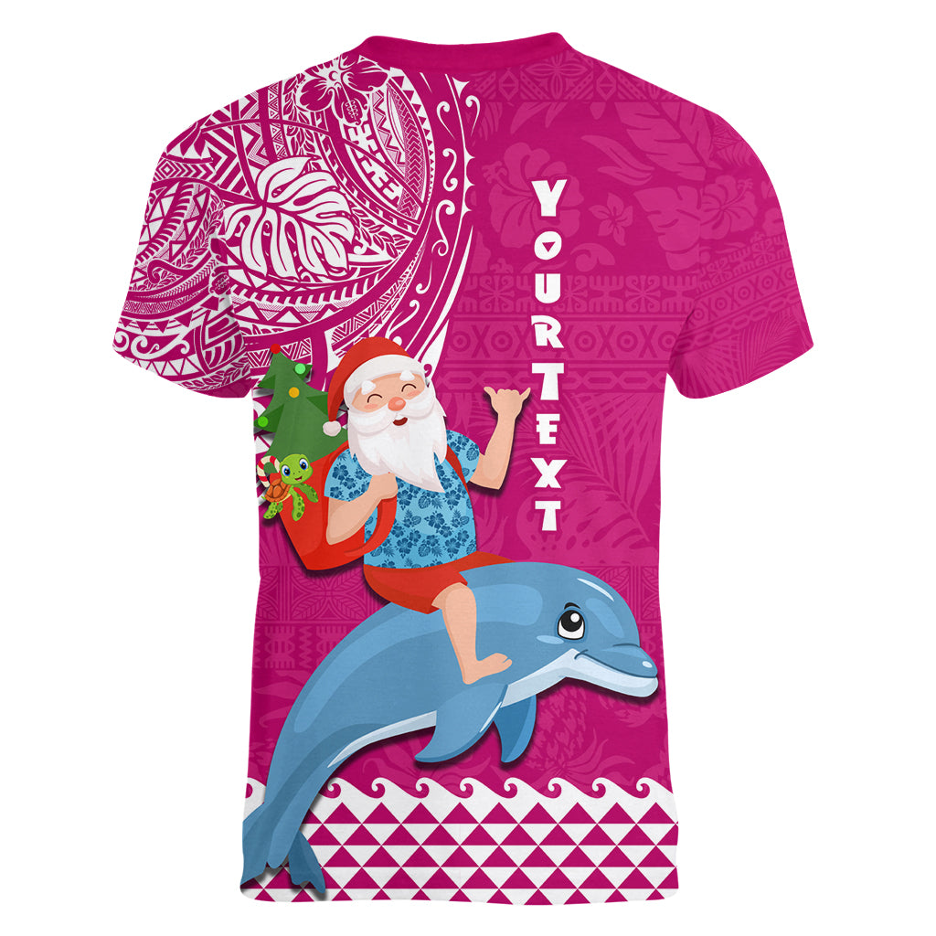 Custom Hawaii Mele Kalikimaka Women V Neck T Shirt Santa Riding The DolPhin Mix Kakau Pattern Pink Style LT03 - Polynesian Pride