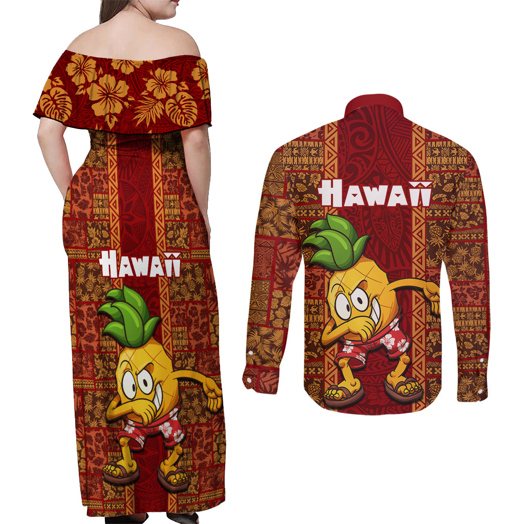 Hawaii Couples Matching Off Shoulder Maxi Dress and Long Sleeve Button Shirt Aloha Funny Pineapple Mix Kakau Hawaiian Tribal LT03 - Polynesian Pride