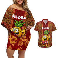 Hawaii Couples Matching Off Shoulder Short Dress and Hawaiian Shirt Aloha Funny Pineapple Mix Kakau Hawaiian Tribal LT03 Red - Polynesian Pride