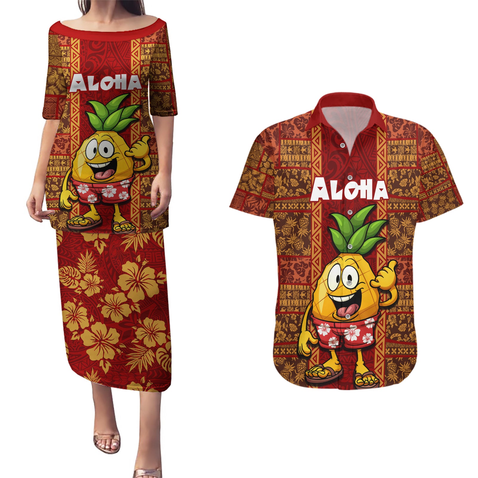 Hawaii Couples Matching Puletasi Dress and Hawaiian Shirt Aloha Funny Pineapple Mix Kakau Hawaiian Tribal LT03 Red - Polynesian Pride
