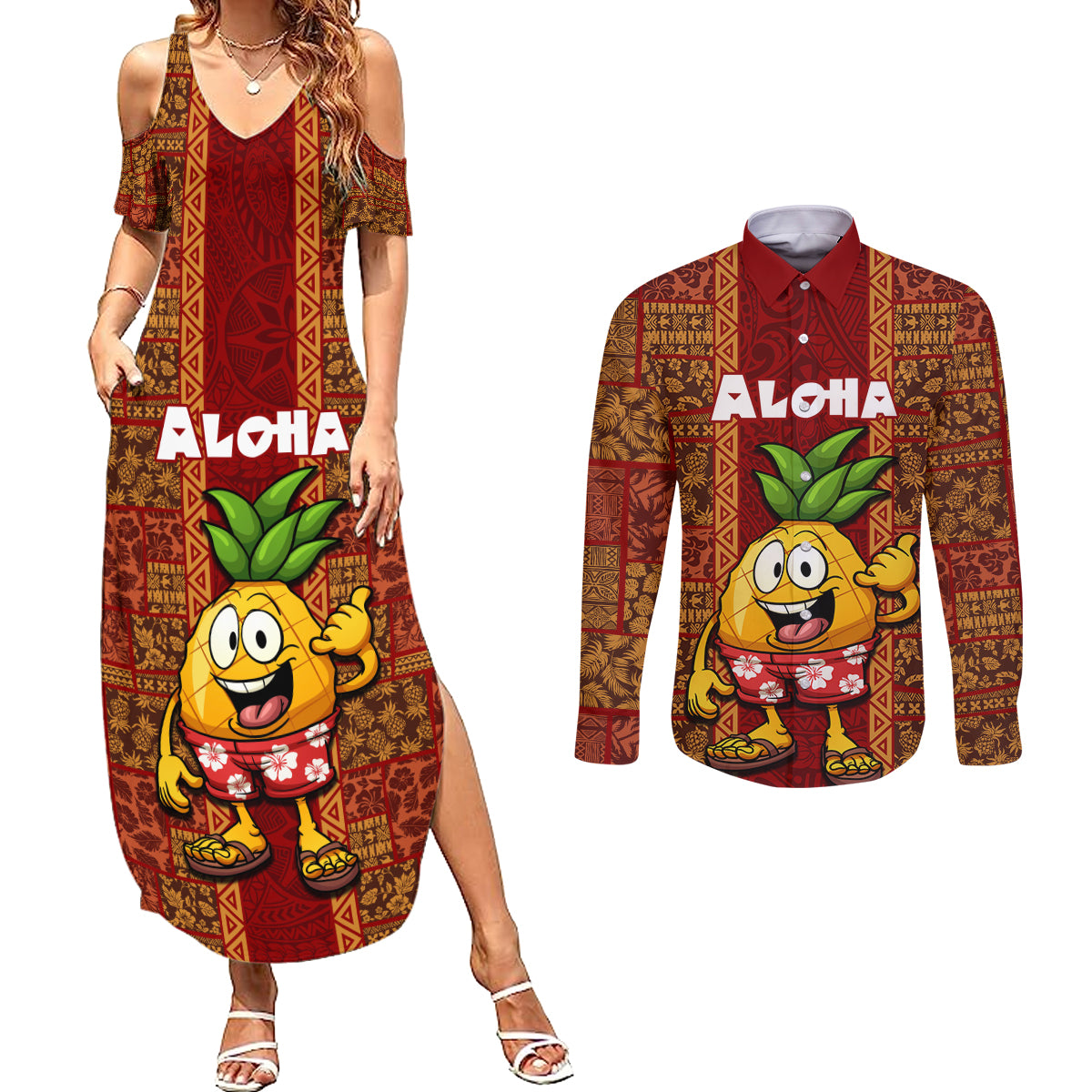 Hawaii Couples Matching Summer Maxi Dress and Long Sleeve Button Shirt Aloha Funny Pineapple Mix Kakau Hawaiian Tribal LT03 Red - Polynesian Pride