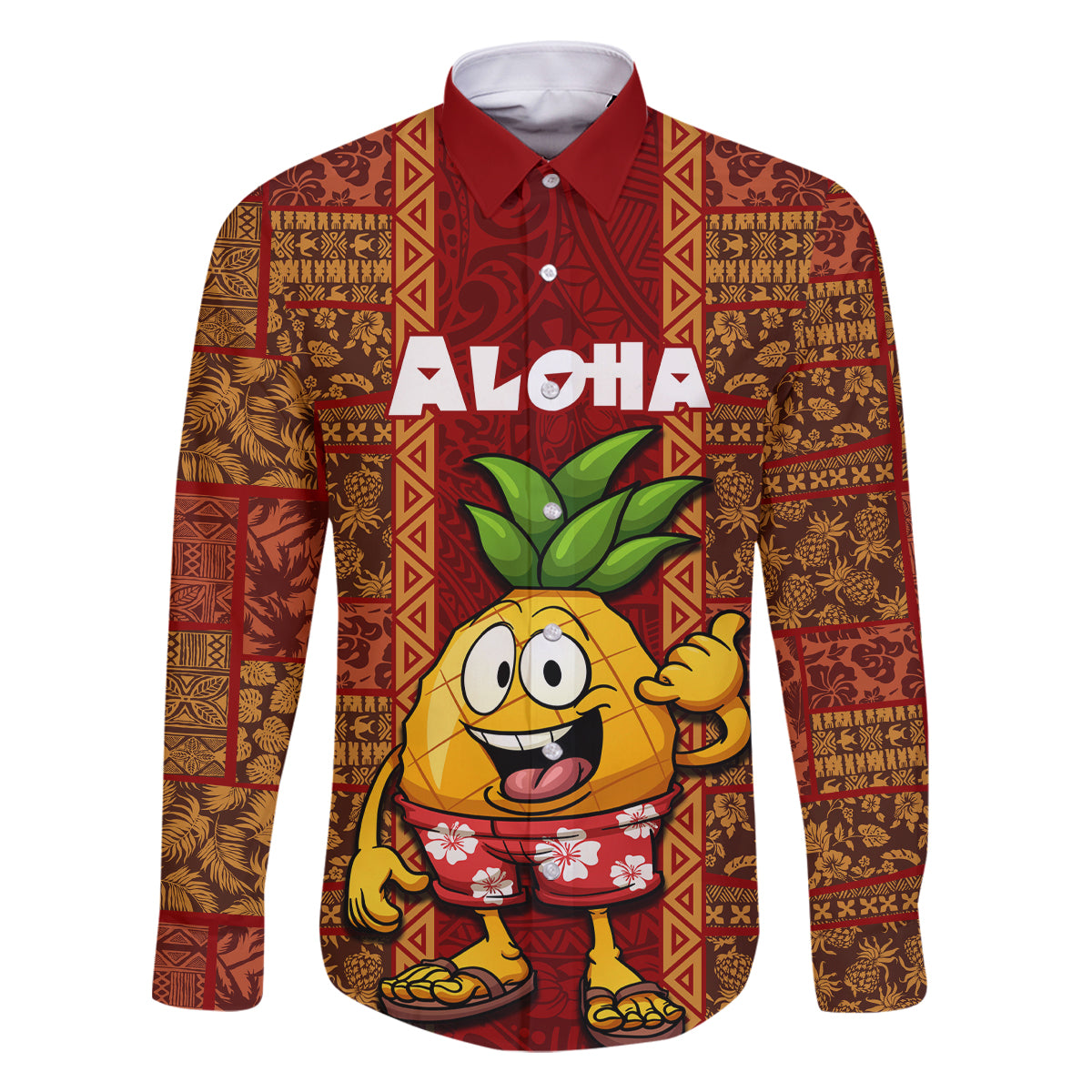 Hawaii Family Matching Off Shoulder Long Sleeve Dress and Hawaiian Shirt Aloha Funny Pineapple Mix Kakau Hawaiian Tribal LT03 Dad's Shirt - Long Sleeve Red - Polynesian Pride