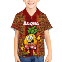 Hawaii Family Matching Off Shoulder Short Dress and Hawaiian Shirt Aloha Funny Pineapple Mix Kakau Hawaiian Tribal LT03 Son's Shirt Red - Polynesian Pride