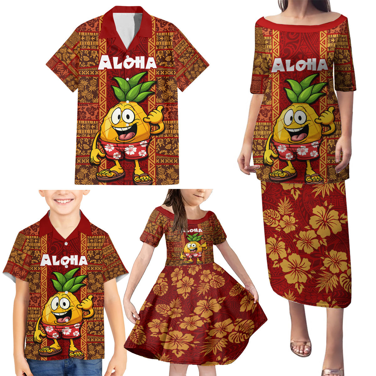 Hawaii Family Matching Puletasi Dress and Hawaiian Shirt Aloha Funny Pineapple Mix Kakau Hawaiian Tribal LT03 - Polynesian Pride