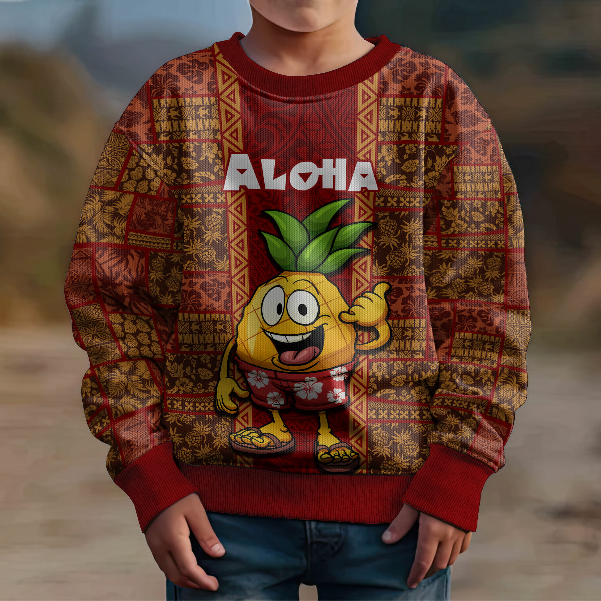 Hawaii Kid Ugly Christmas Sweater Aloha Funny Pineapple Mix Kakau Hawaiian Tribal LT03 - Polynesian Pride
