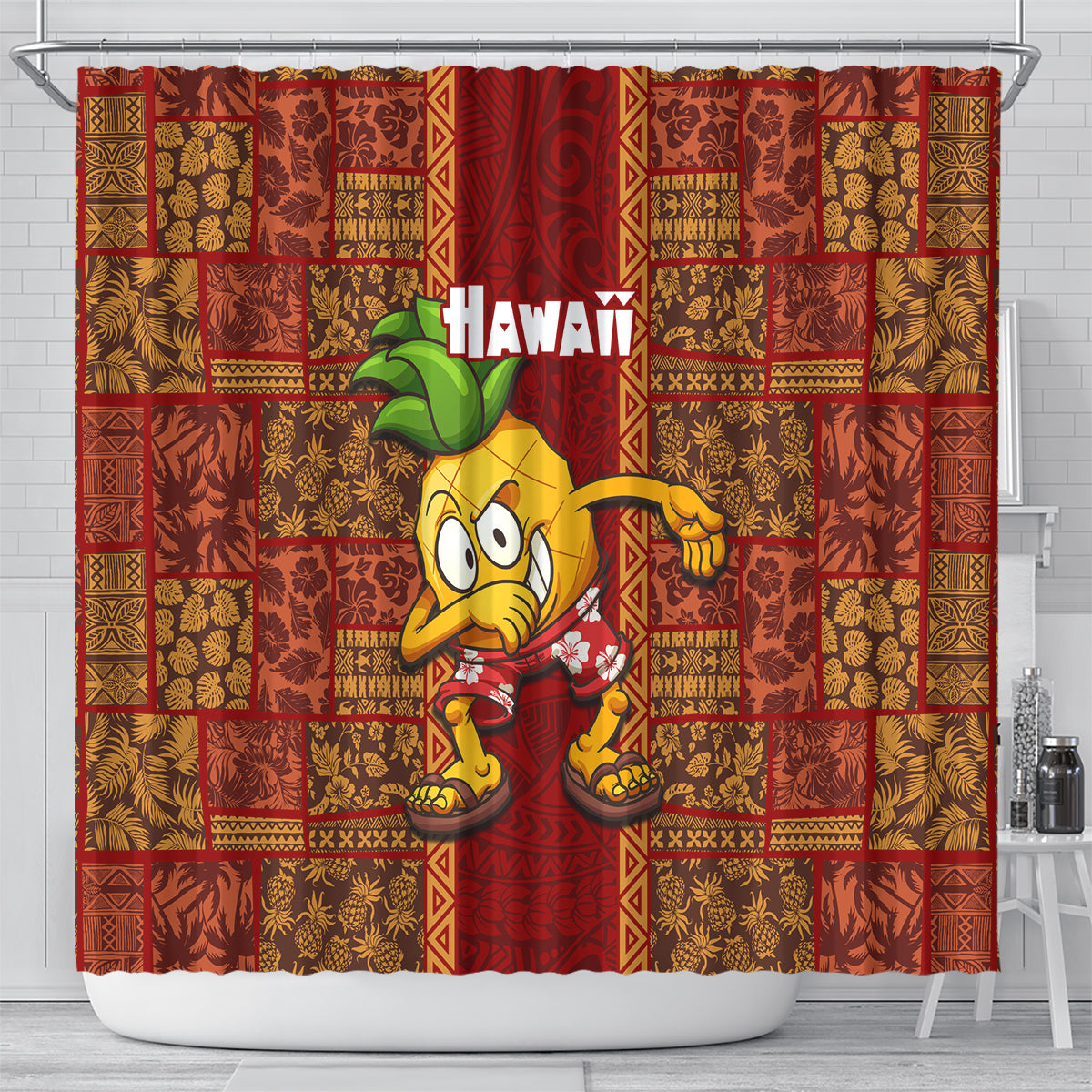 Hawaii Shower Curtain Aloha Funny Pineapple Mix Kakau Hawaiian Tribal LT03 - Polynesian Pride
