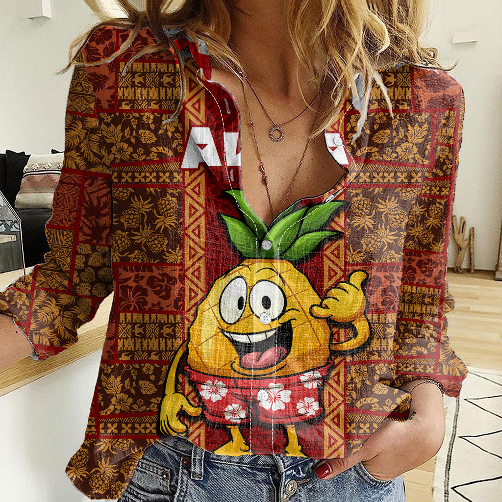 Hawaii Women Casual Shirt Aloha Funny Pineapple Mix Kakau Hawaiian Tribal LT03 Female Red - Polynesian Pride