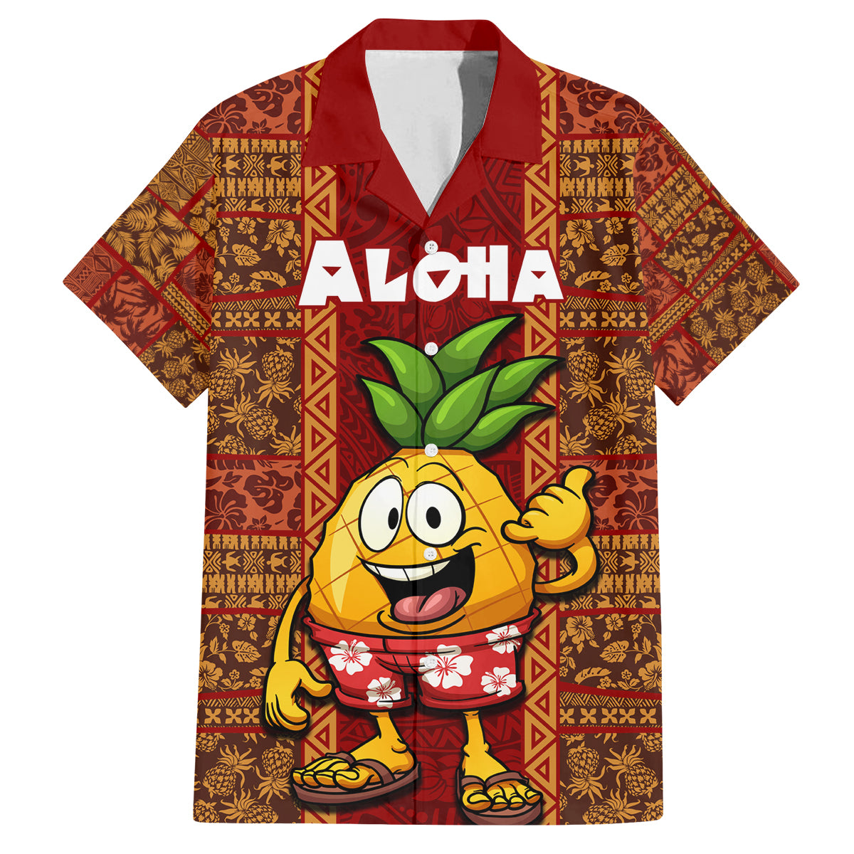 Custom Hawaii Family Matching Puletasi Dress and Hawaiian Shirt Aloha Funny Pineapple Mix Kakau Hawaiian Tribal LT03 Dad's Shirt - Short Sleeve Red - Polynesian Pride