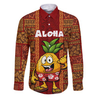 Custom Hawaii Family Matching Puletasi Dress and Hawaiian Shirt Aloha Funny Pineapple Mix Kakau Hawaiian Tribal LT03 Dad's Shirt - Long Sleeve Red - Polynesian Pride
