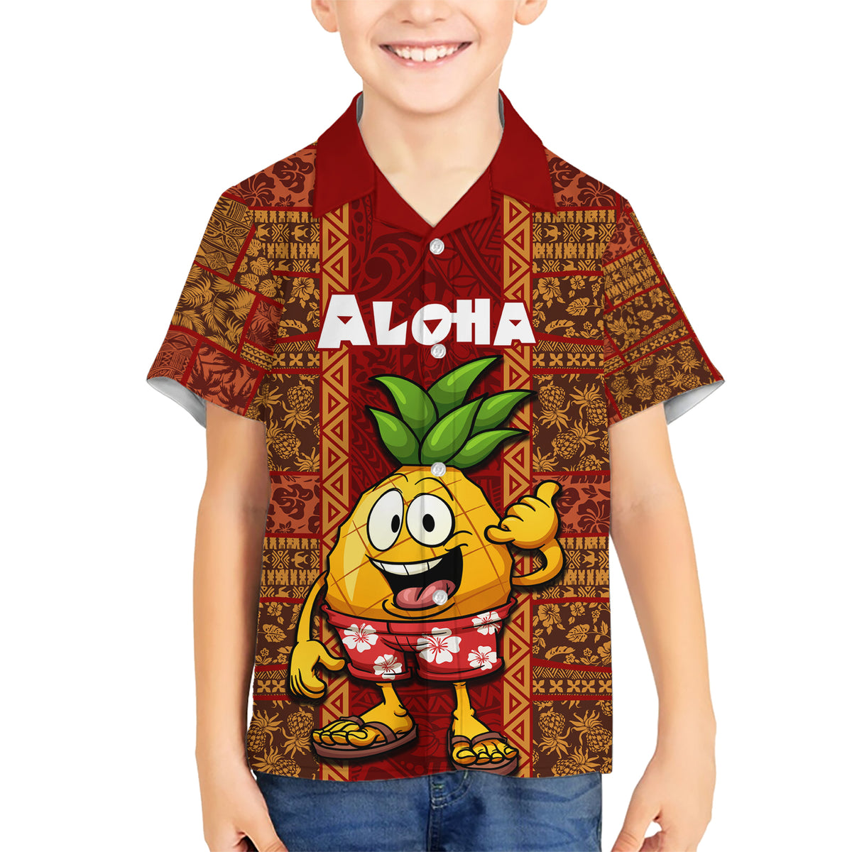Custom Hawaii Family Matching Short Sleeve Bodycon Dress and Hawaiian Shirt Aloha Funny Pineapple Mix Kakau Hawaiian Tribal LT03 Son's Shirt Red - Polynesian Pride