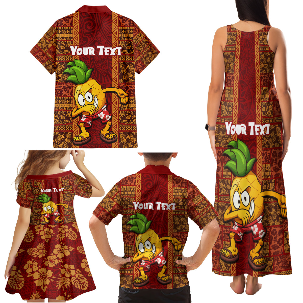 Custom Hawaii Family Matching Tank Maxi Dress and Hawaiian Shirt Aloha Funny Pineapple Mix Kakau Hawaiian Tribal LT03 - Polynesian Pride