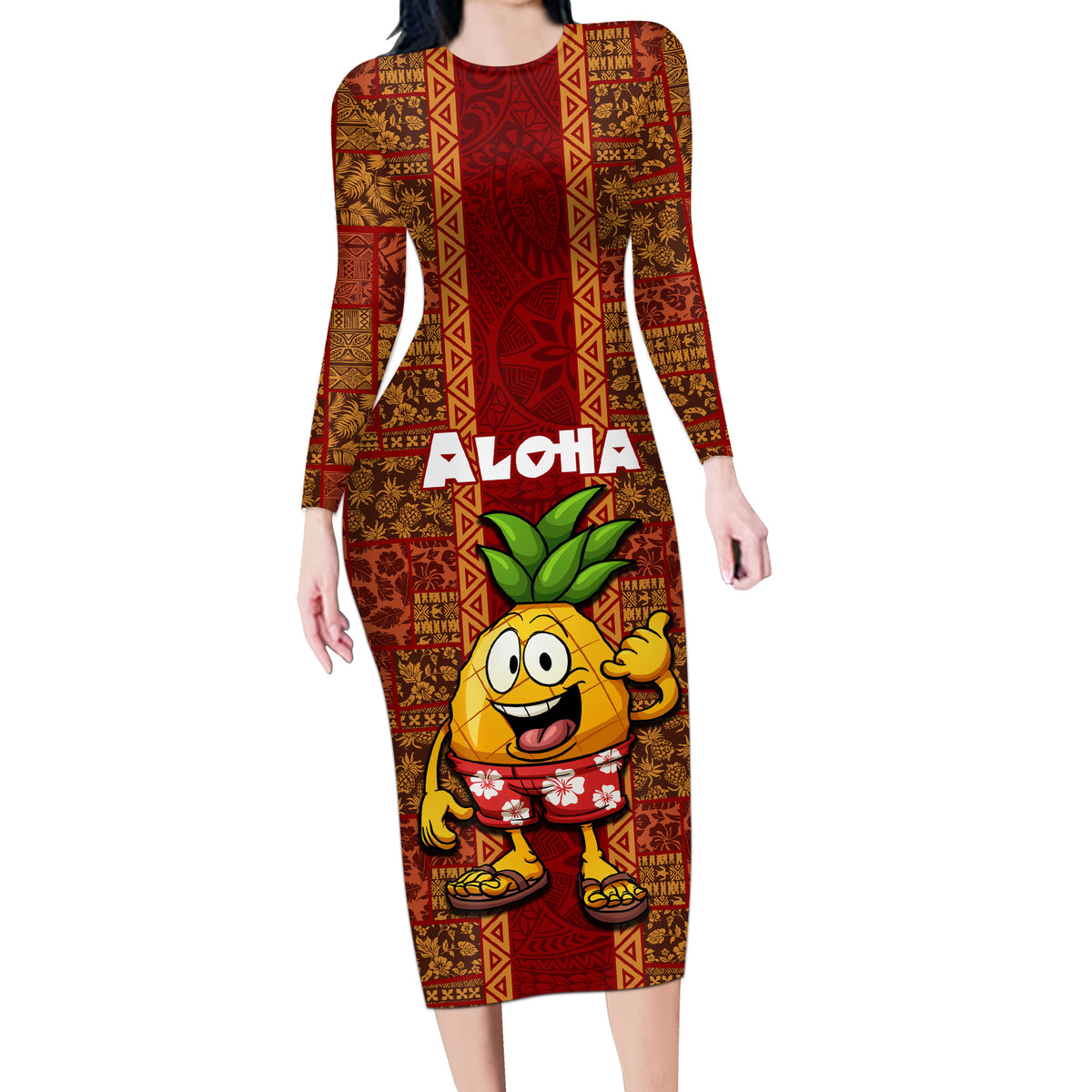 Custom Hawaii Long Sleeve Bodycon Dress Aloha Funny Pineapple Mix Kakau Hawaiian Tribal LT03 Long Dress Red - Polynesian Pride