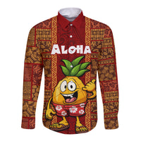 Custom Hawaii Long Sleeve Button Shirt Aloha Funny Pineapple Mix Kakau Hawaiian Tribal LT03 Unisex Red - Polynesian Pride