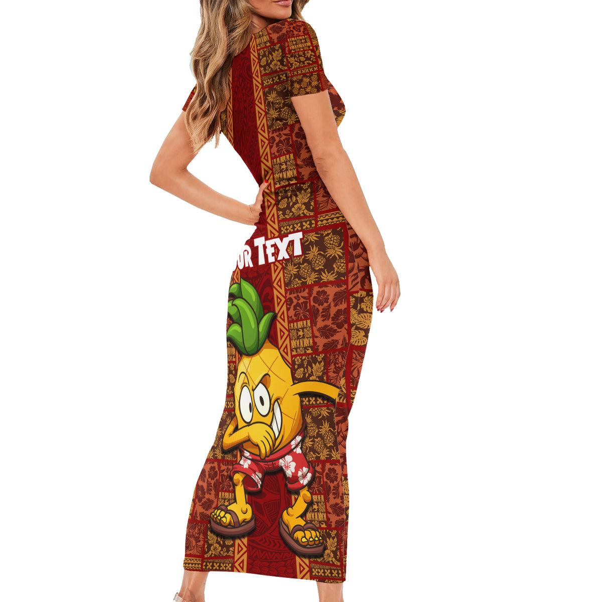Custom Hawaii Short Sleeve Bodycon Dress Aloha Funny Pineapple Mix Kakau Hawaiian Tribal LT03 - Polynesian Pride