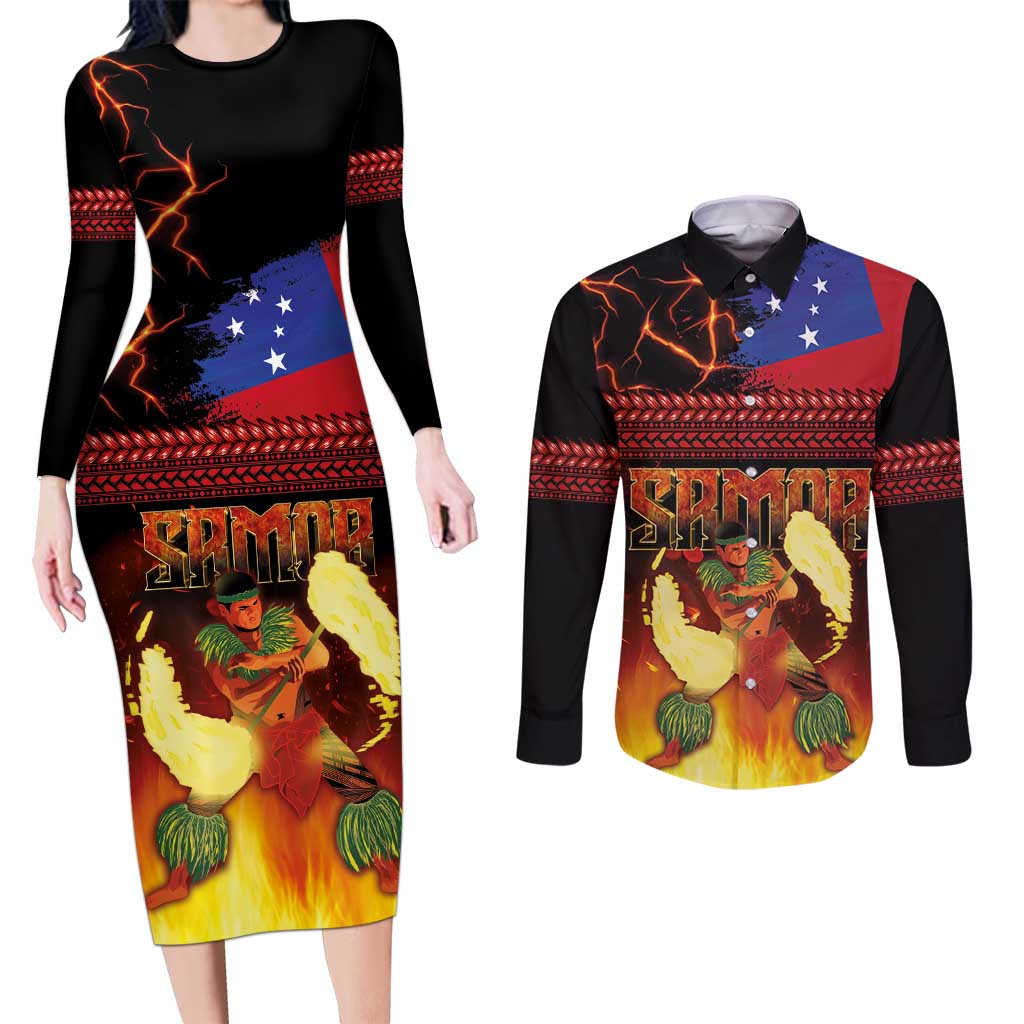Samoan Siva Afi Couples Matching Long Sleeve Bodycon Dress and Long Sleeve Button Shirt Tribal Performers of Samoan Fire Knife Dancing LT03 Black - Polynesian Pride