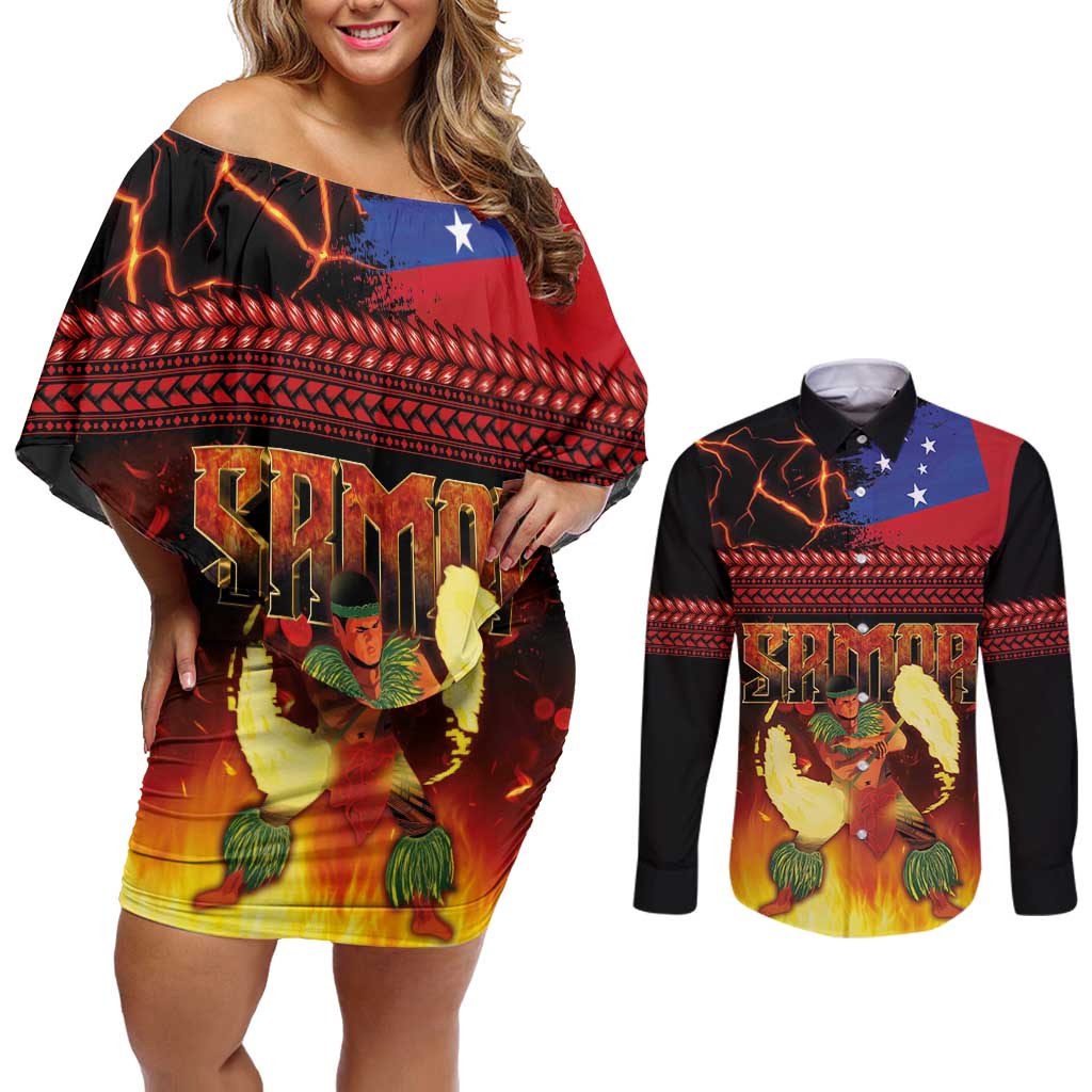 Samoan Siva Afi Couples Matching Off Shoulder Short Dress and Long Sleeve Button Shirt Tribal Performers of Samoan Fire Knife Dancing LT03 Black - Polynesian Pride