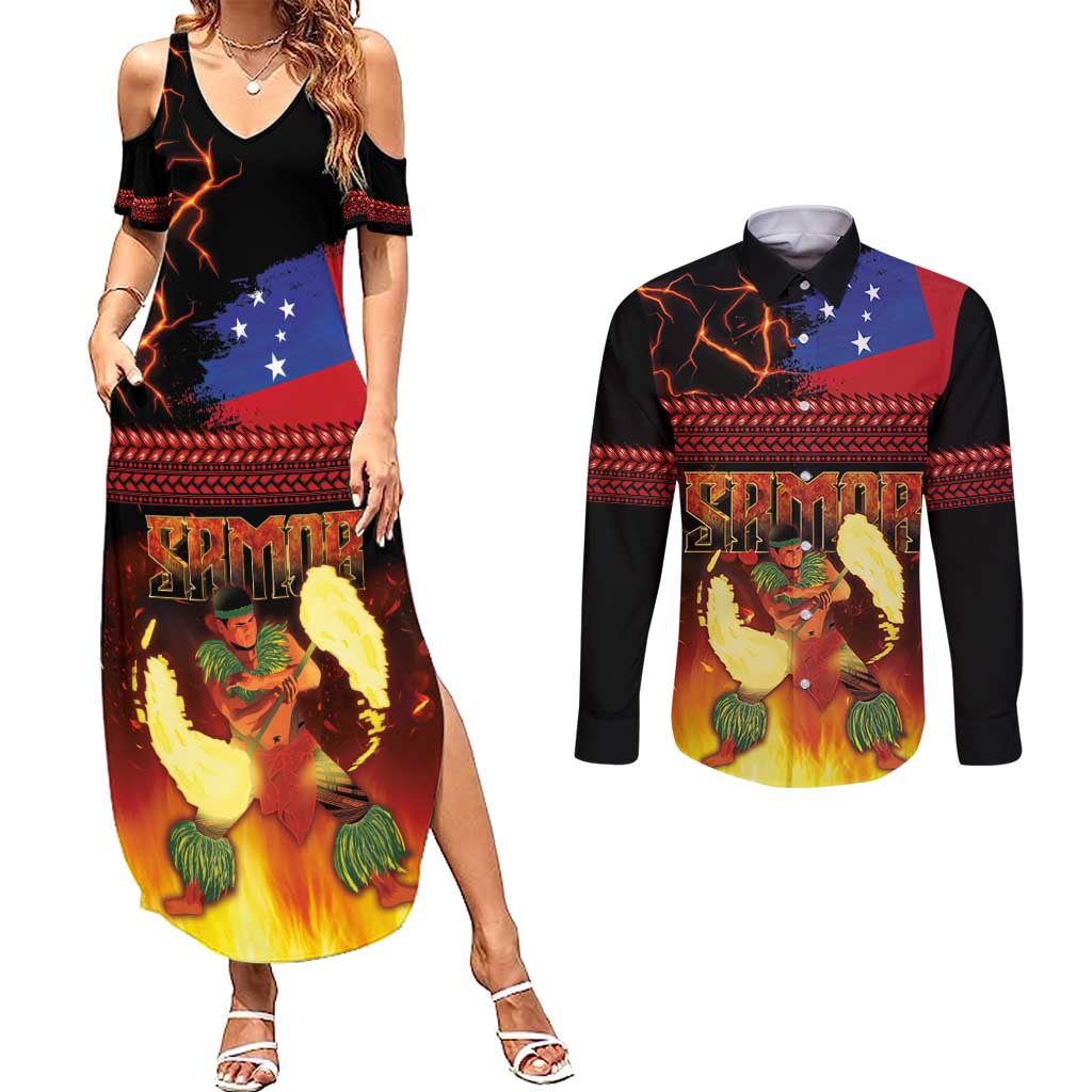 Samoan Siva Afi Couples Matching Summer Maxi Dress and Long Sleeve Button Shirt Tribal Performers of Samoan Fire Knife Dancing