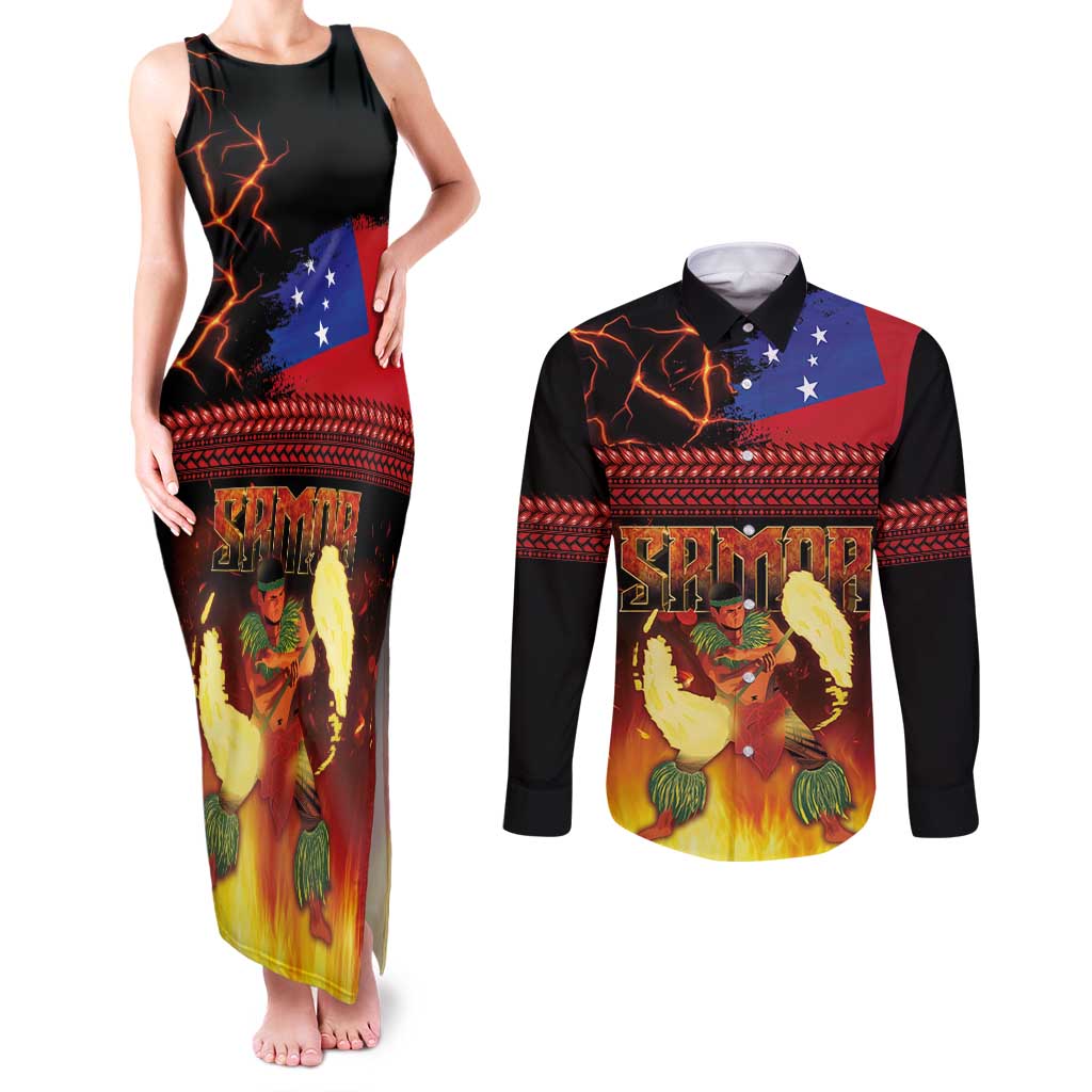 Samoan Siva Afi Couples Matching Tank Maxi Dress and Long Sleeve Button Shirt Tribal Performers of Samoan Fire Knife Dancing
