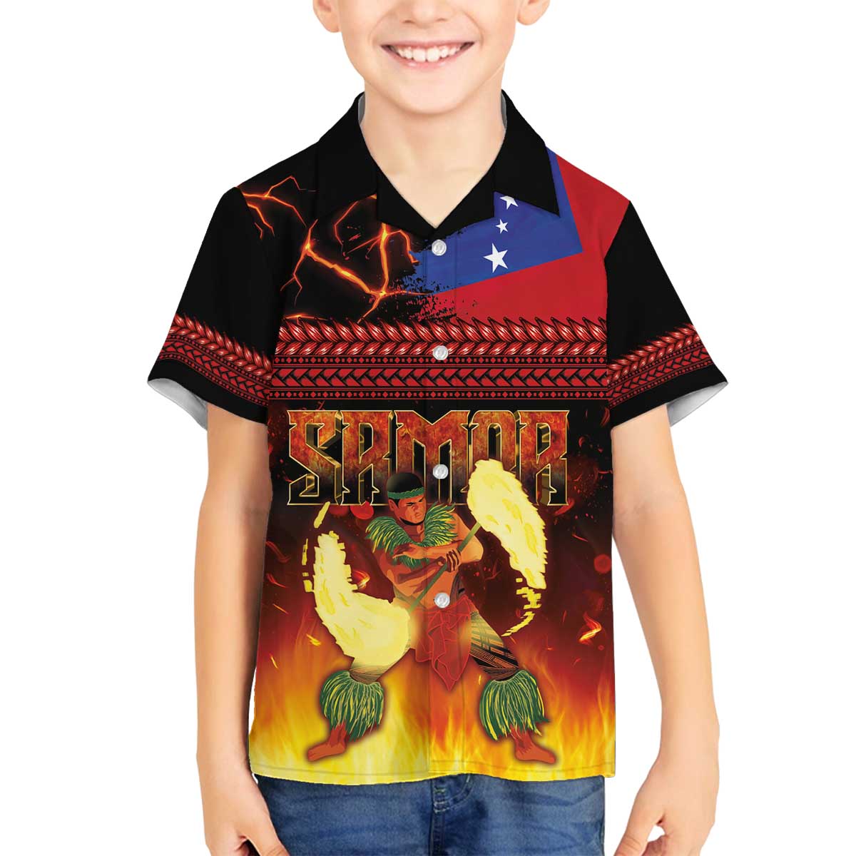 Samoan Siva Afi Family Matching Off The Shoulder Long Sleeve Dress and Hawaiian Shirt Tribal Performers of Samoan Fire Knife Dancing