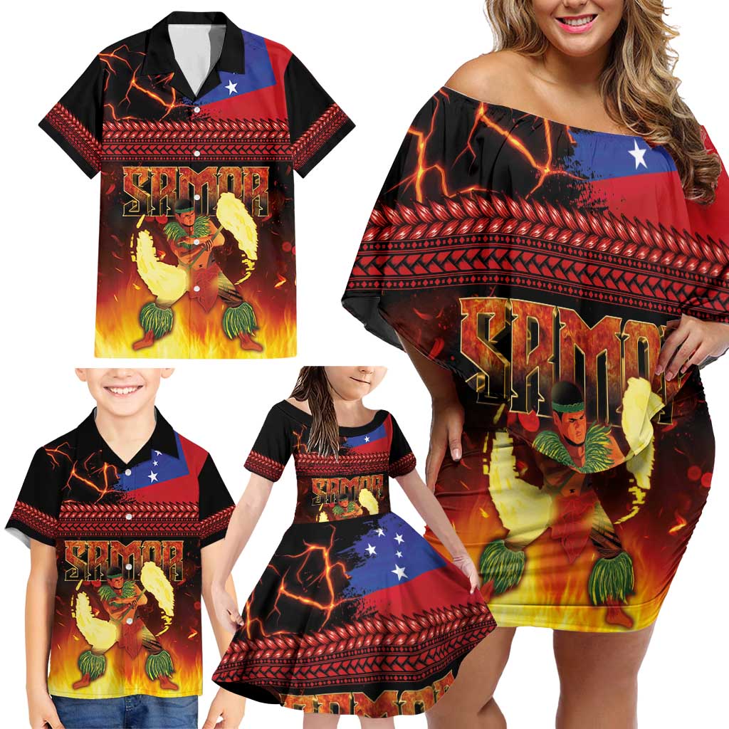 Samoan Siva Afi Family Matching Off Shoulder Short Dress and Hawaiian Shirt Tribal Performers of Samoan Fire Knife Dancing