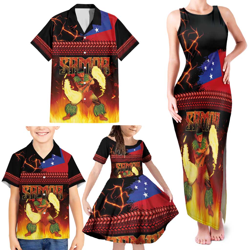 Samoan Siva Afi Family Matching Tank Maxi Dress and Hawaiian Shirt Tribal Performers of Samoan Fire Knife Dancing