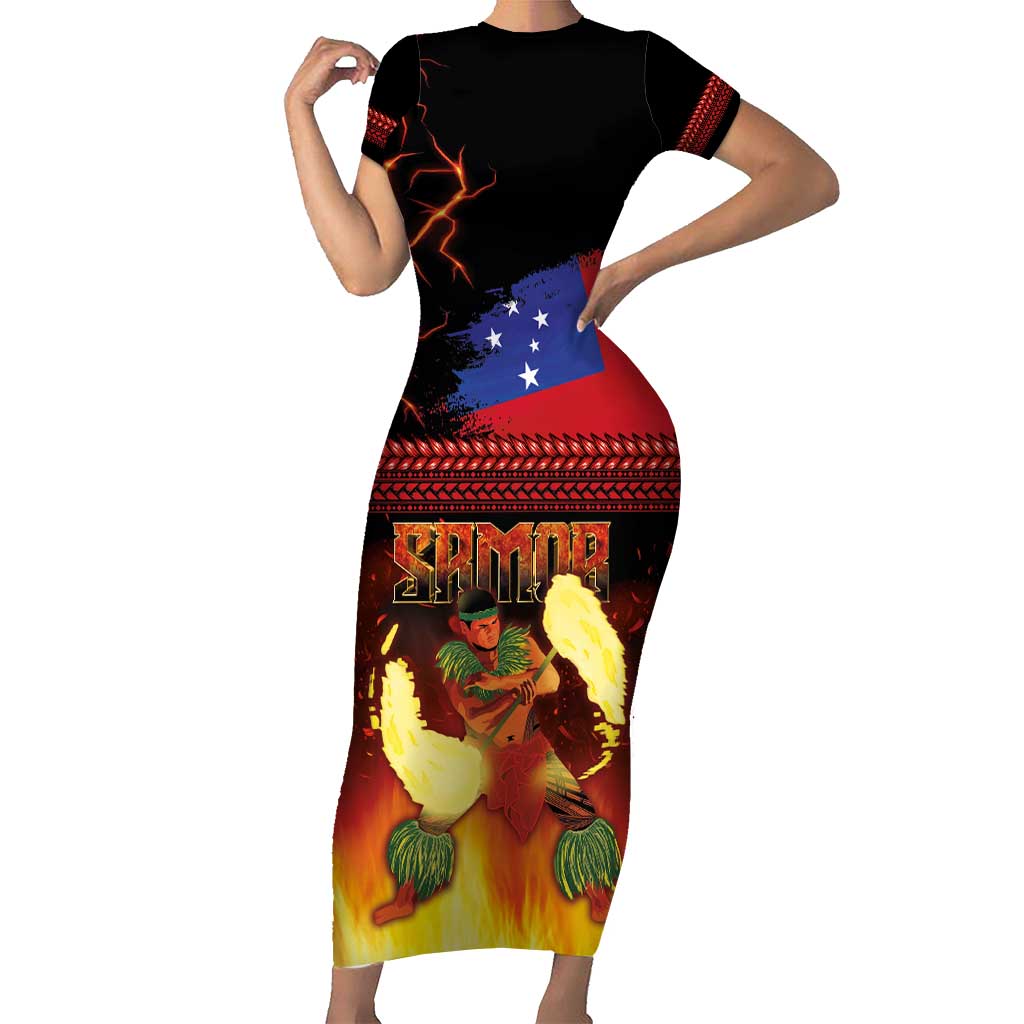 Samoan Siva Afi Short Sleeve Bodycon Dress Tribal Performers of Samoan Fire Knife Dancing LT03 Long Dress Black - Polynesian Pride