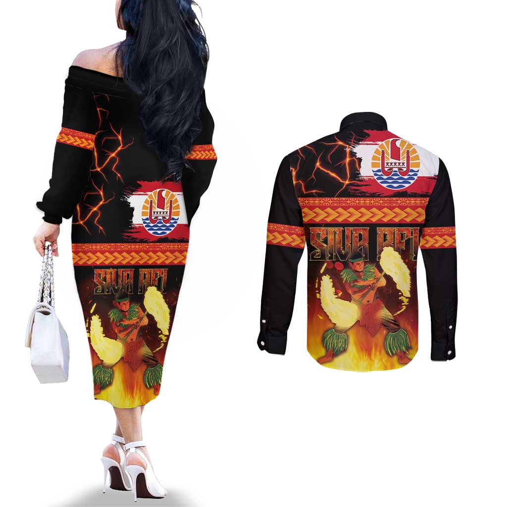 Tahitian Siva Afi Couples Matching Off The Shoulder Long Sleeve Dress and Long Sleeve Button Shirt Tribal Performers of Tahitian Fire Knife Dancing