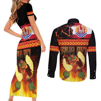 Tahitian Siva Afi Couples Matching Short Sleeve Bodycon Dress and Long Sleeve Button Shirt Tribal Performers of Tahitian Fire Knife Dancing
