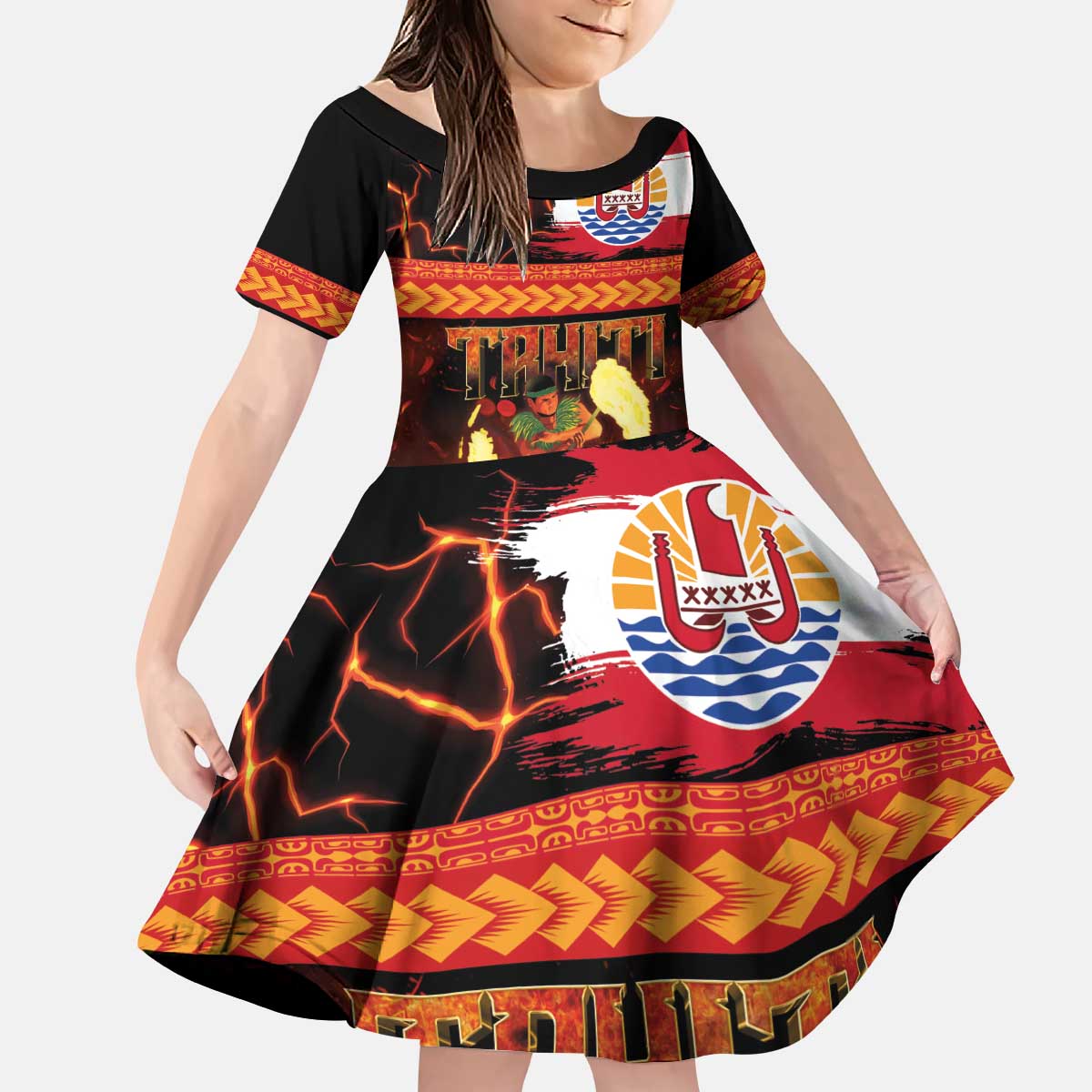 Tahitian Siva Afi Kid Short Sleeve Dress Tribal Performers of Tahitian Fire Knife Dancing LT03 KID Black - Polynesian Pride