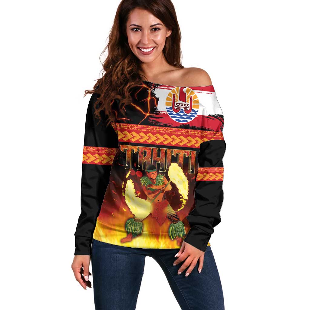 Tahitian Siva Afi Off Shoulder Sweater Tribal Performers of Tahitian Fire Knife Dancing LT03 Women Black - Polynesian Pride