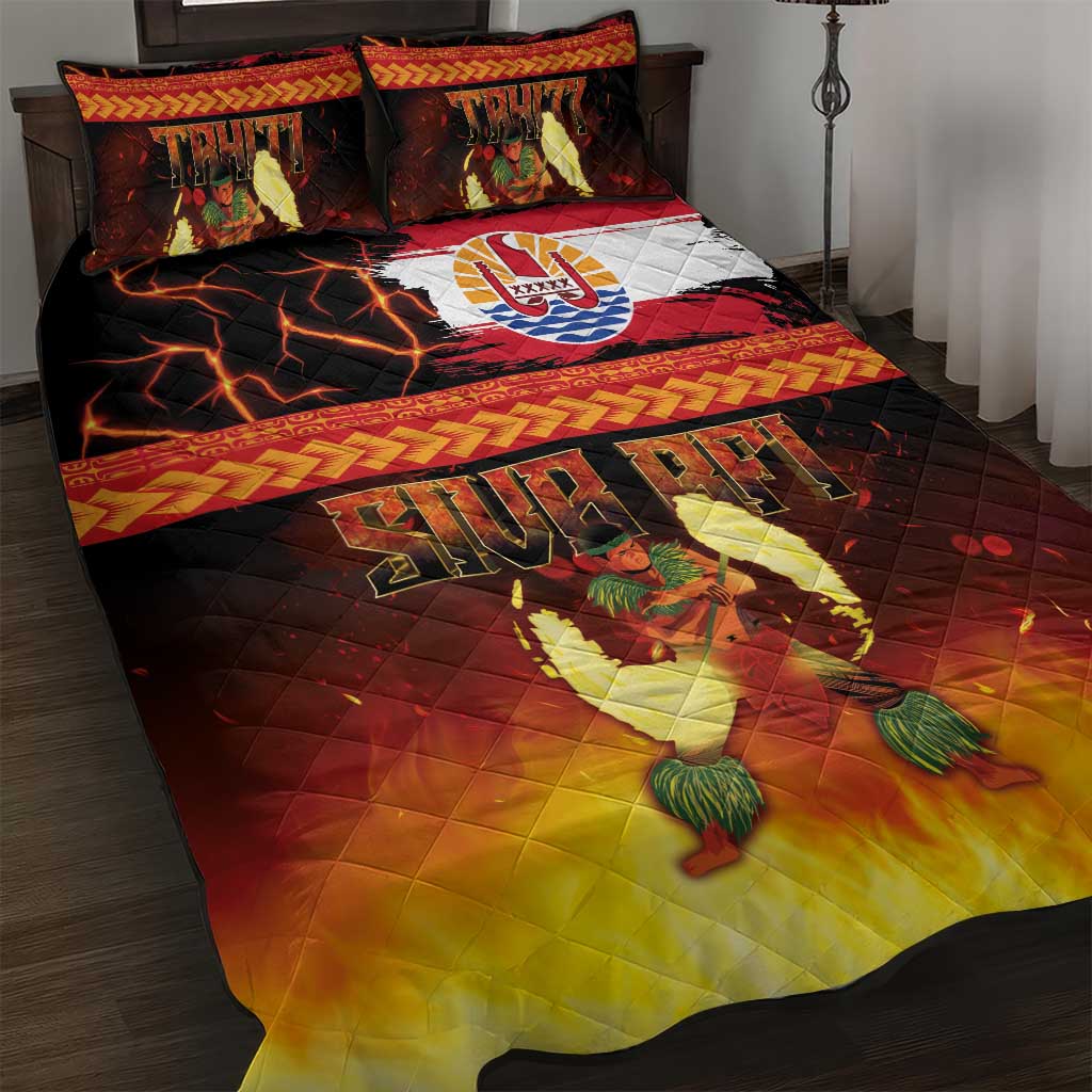 Tahitian Siva Afi Quilt Bed Set Tribal Performers of Tahitian Fire Knife Dancing LT03 Black - Polynesian Pride
