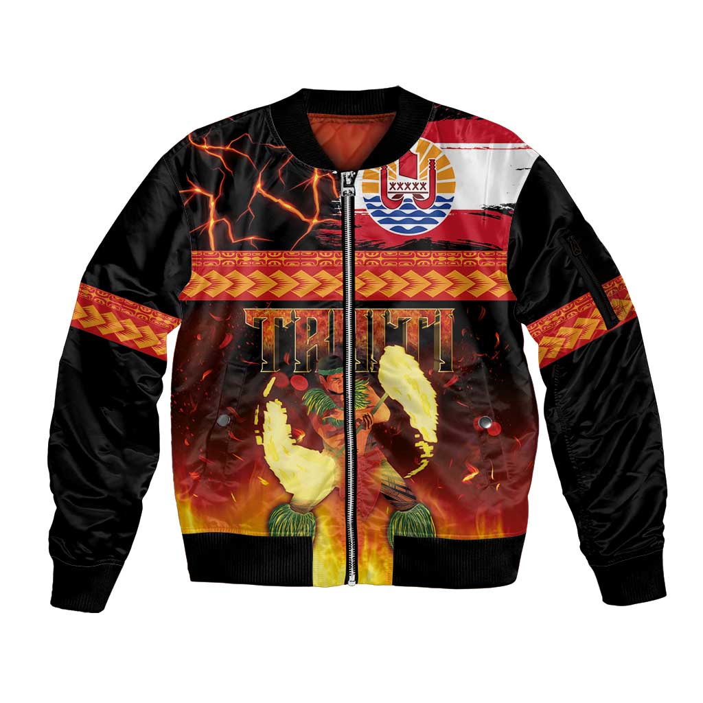 Tahitian Siva Afi Sleeve Zip Bomber Jacket Tribal Performers of Tahitian Fire Knife Dancing LT03 Unisex Black - Polynesian Pride