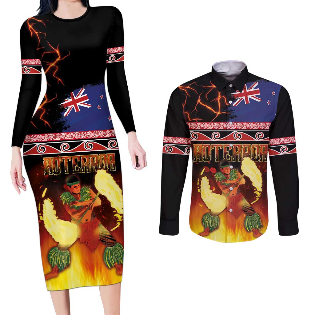Aotearoa Siva Afi Couples Matching Long Sleeve Bodycon Dress and Long Sleeve Button Shirt Tribal Performers of Aotearoa Fire Knife Dancing LT03 Black - Polynesian Pride