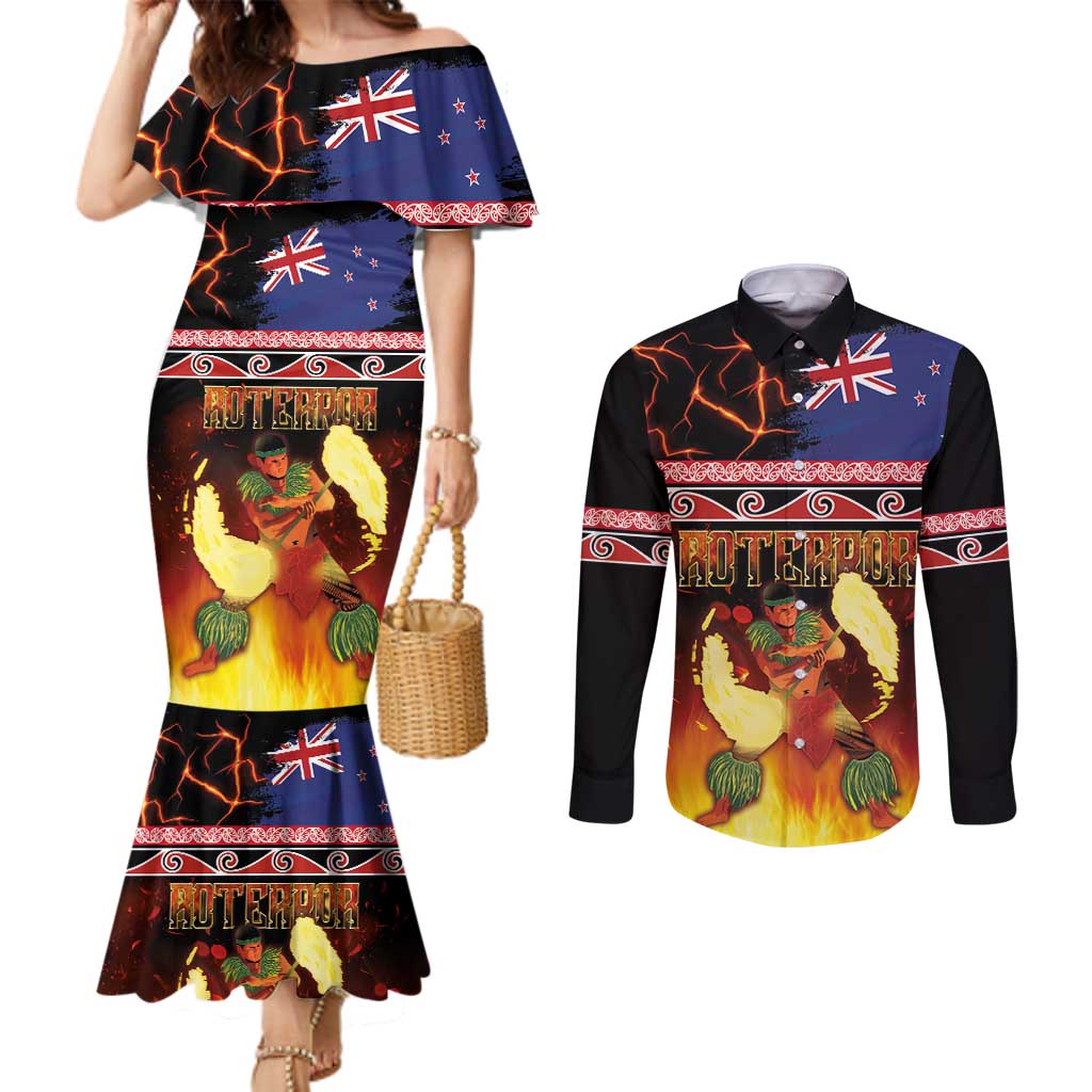Aotearoa Siva Afi Couples Matching Mermaid Dress and Long Sleeve Button Shirt Tribal Performers of Aotearoa Fire Knife Dancing LT03 Black - Polynesian Pride