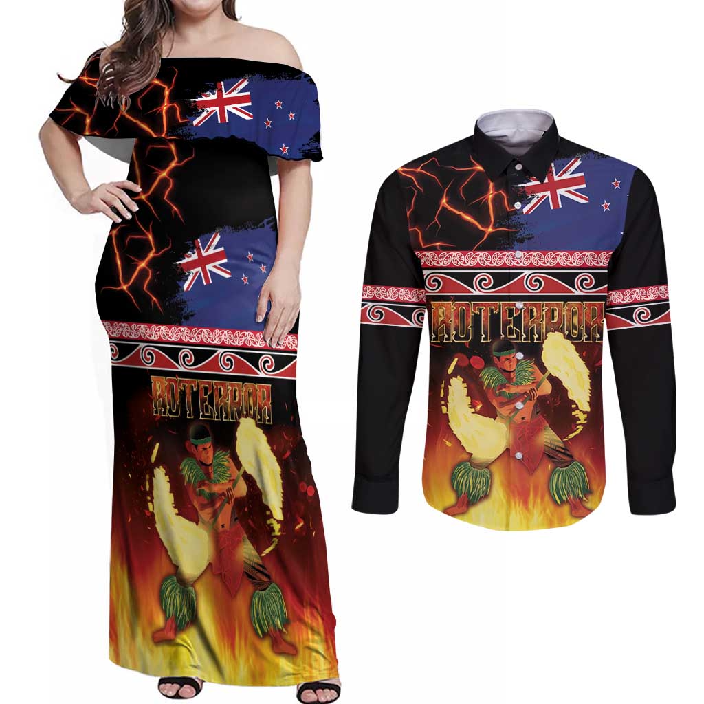 Aotearoa Siva Afi Couples Matching Off Shoulder Maxi Dress and Long Sleeve Button Shirt Tribal Performers of Aotearoa Fire Knife Dancing LT03 Black - Polynesian Pride