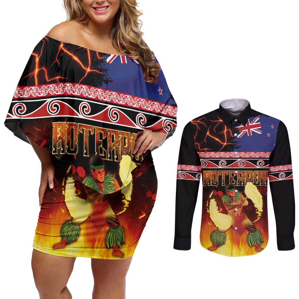 Aotearoa Siva Afi Couples Matching Off Shoulder Short Dress and Long Sleeve Button Shirt Tribal Performers of Aotearoa Fire Knife Dancing LT03 Black - Polynesian Pride