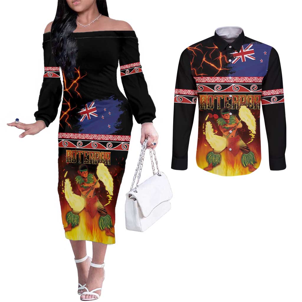 Aotearoa Siva Afi Couples Matching Off The Shoulder Long Sleeve Dress and Long Sleeve Button Shirt Tribal Performers of Aotearoa Fire Knife Dancing LT03 Black - Polynesian Pride