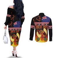 Aotearoa Siva Afi Couples Matching Off The Shoulder Long Sleeve Dress and Long Sleeve Button Shirt Tribal Performers of Aotearoa Fire Knife Dancing
