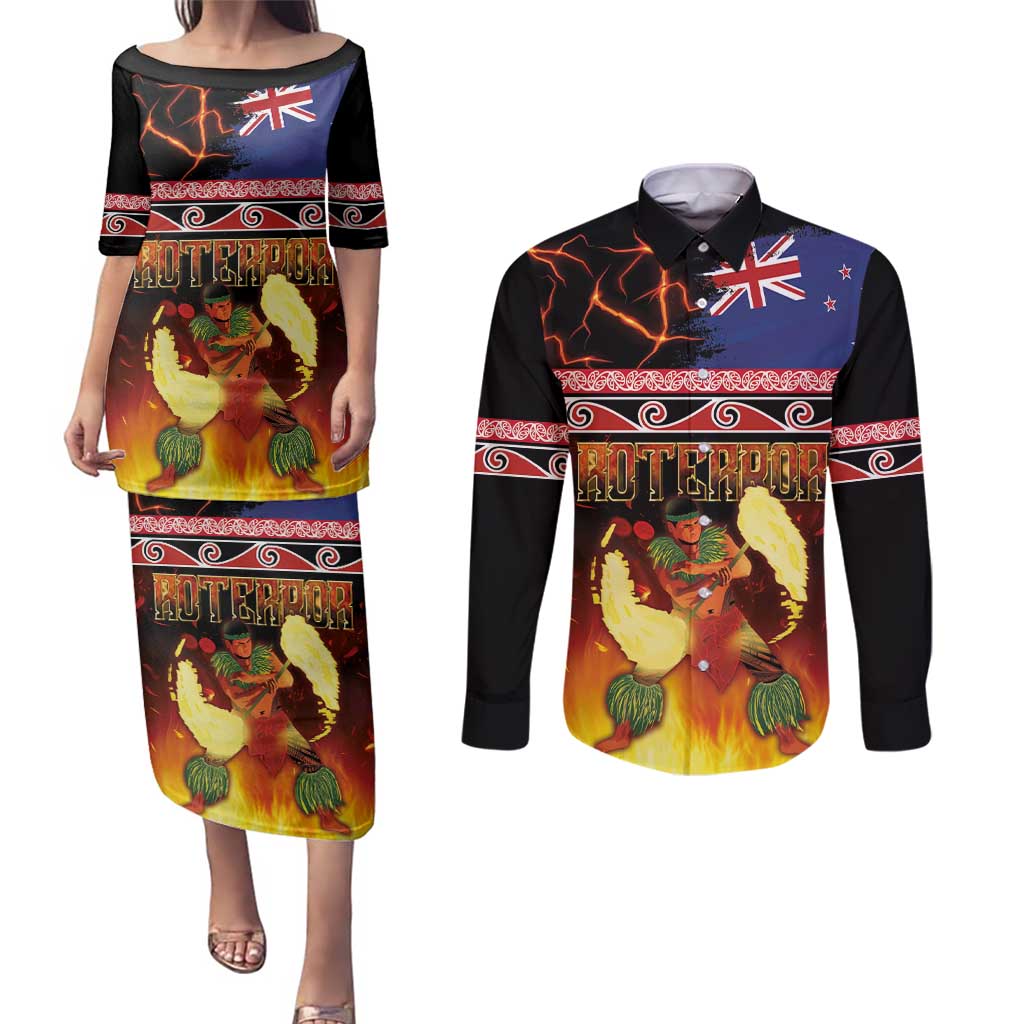 Aotearoa Siva Afi Couples Matching Puletasi and Long Sleeve Button Shirt Tribal Performers of Aotearoa Fire Knife Dancing LT03 Black - Polynesian Pride