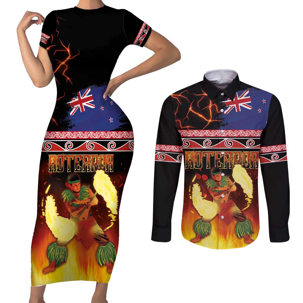 Aotearoa Siva Afi Couples Matching Short Sleeve Bodycon Dress and Long Sleeve Button Shirt Tribal Performers of Aotearoa Fire Knife Dancing LT03 Black - Polynesian Pride