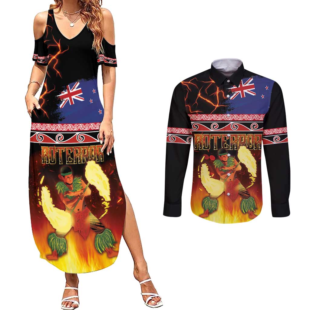 Aotearoa Siva Afi Couples Matching Summer Maxi Dress and Long Sleeve Button Shirt Tribal Performers of Aotearoa Fire Knife Dancing LT03 Black - Polynesian Pride