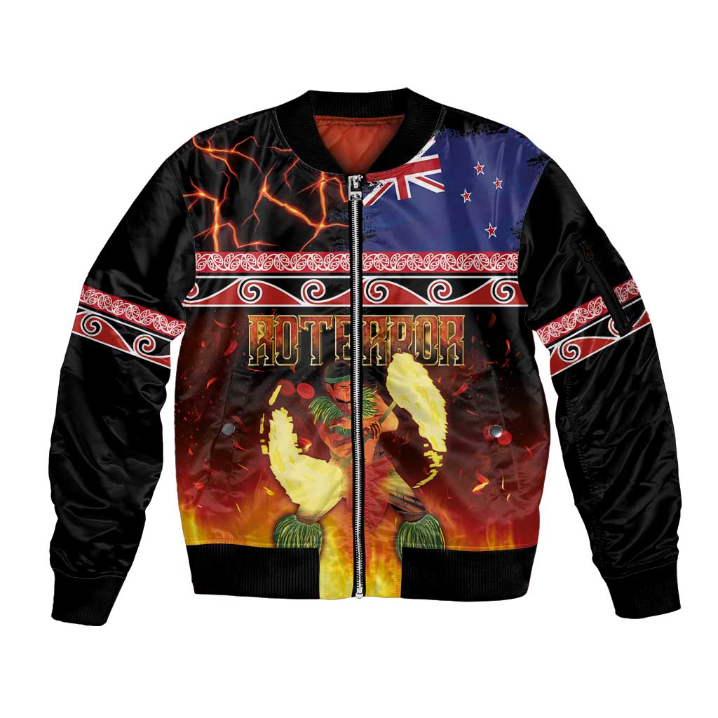 Aotearoa Siva Afi Sleeve Zip Bomber Jacket Tribal Performers of Aotearoa Fire Knife Dancing LT03 Unisex Black - Polynesian Pride