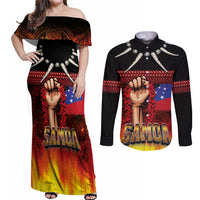 Personalised Samoan Spirit - Samoa Tribal Heritage Couples Matching Off Shoulder Maxi Dress and Long Sleeve Button Shirt LT03 Black - Polynesian Pride