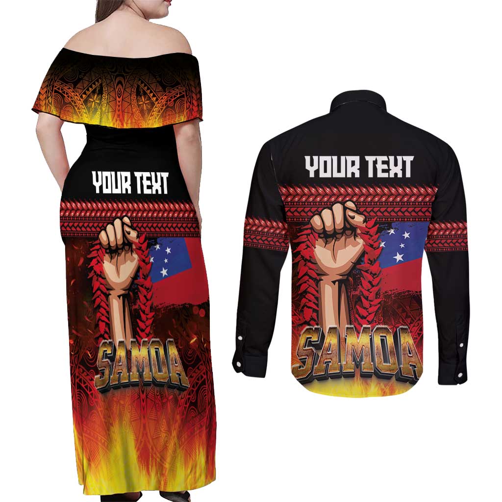 Personalised Samoan Spirit - Samoa Tribal Heritage Couples Matching Off Shoulder Maxi Dress and Long Sleeve Button Shirt LT03 - Polynesian Pride