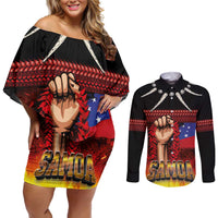 Personalised Samoan Spirit - Samoa Tribal Heritage Couples Matching Off Shoulder Short Dress and Long Sleeve Button Shirt LT03 Black - Polynesian Pride