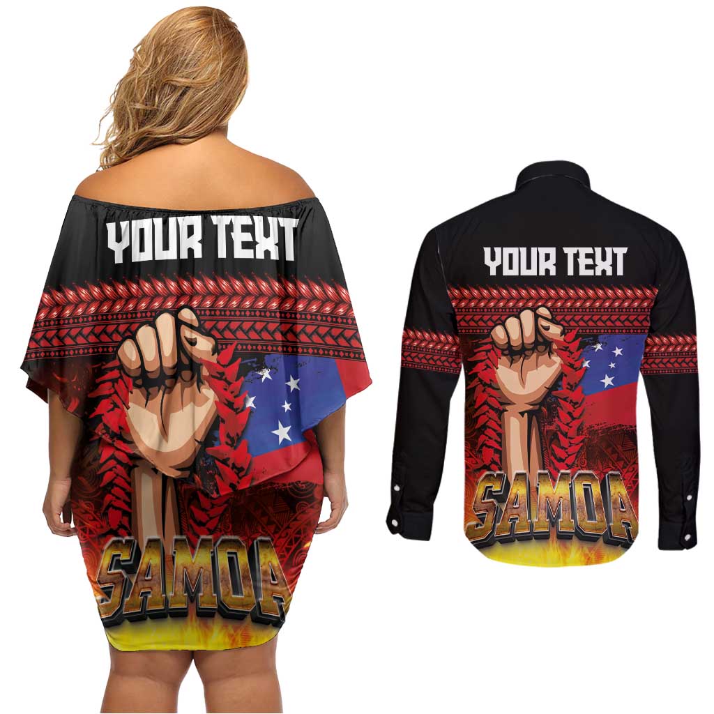 Personalised Samoan Spirit - Samoa Tribal Heritage Couples Matching Off Shoulder Short Dress and Long Sleeve Button Shirt LT03 - Polynesian Pride